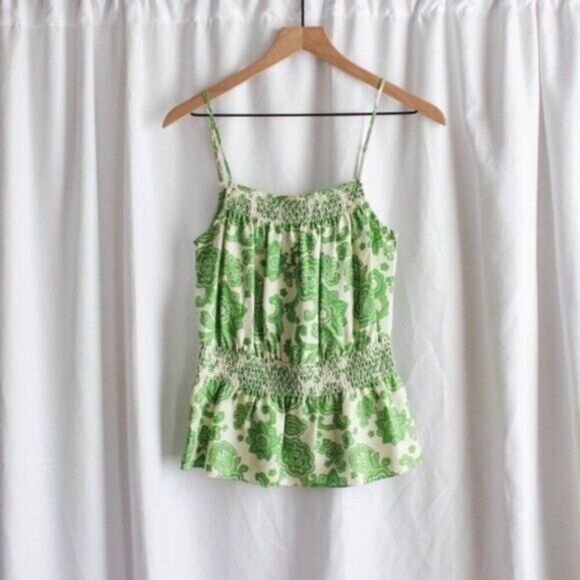 Etcetera Print Green and White Paisley 100% Silk Smocked Waist Camisole 4 - Picture 1 of 5